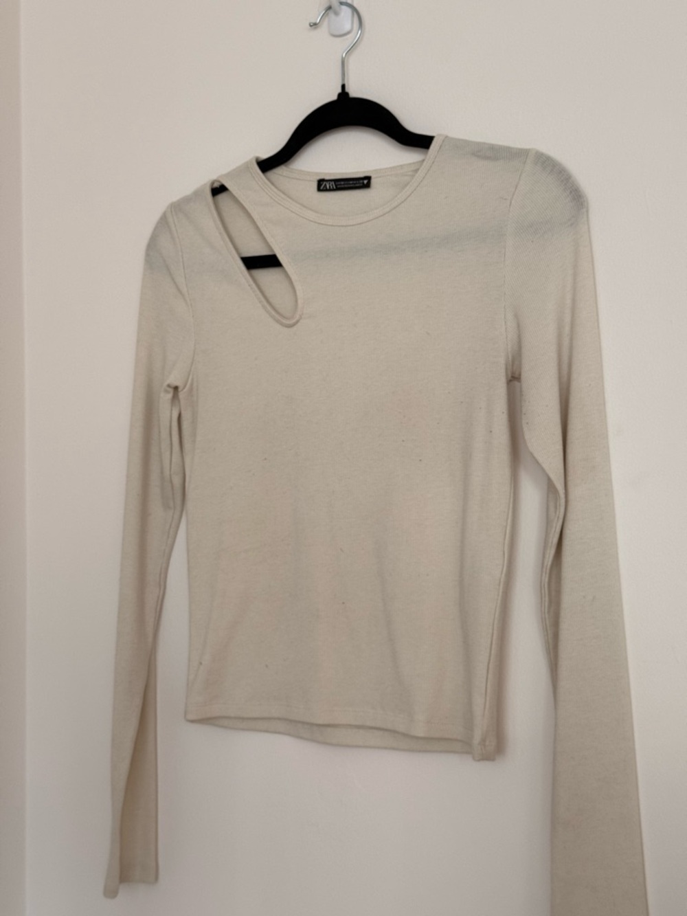 ZARA Cream Long-Sleeve Top with Asymmetric Neck Cutout